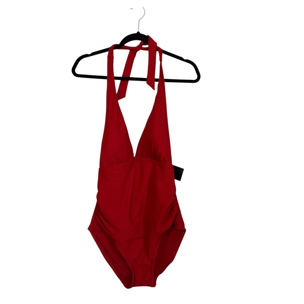 Tommy Hilfiger Women's Red One-Piece Ruched Halter Tie Swimsuit Sz 16 NWT